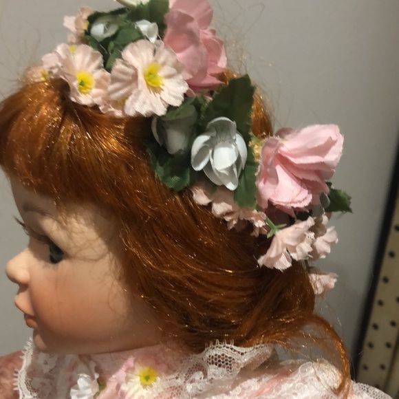 Gorgeous porcelain face baby doll Beautiful red hair adorned w a floral wreath - Picture 8 of 9